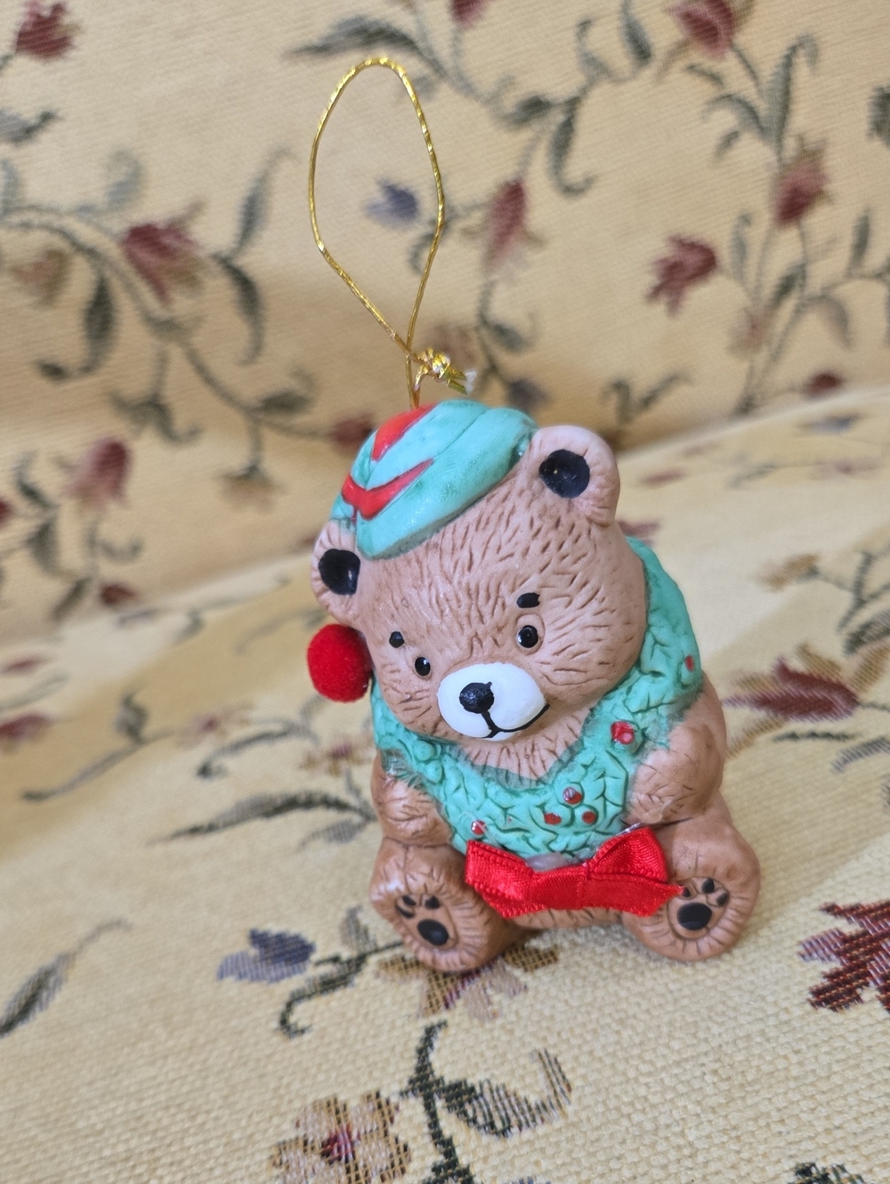 Source Unknown Ceramic Brown Bear Ornament with Teal and Red Accents